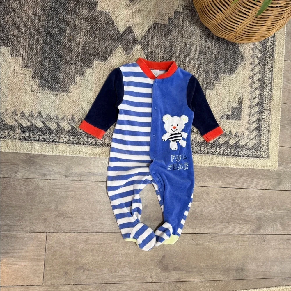 Vintage Baby Boy Color Block Striped Bear Terry Cloth Footies Size 6-9 Months